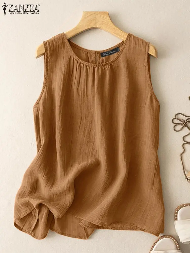 

Summer Blouse ZANZEA Elegant Solid Camis Women Fashion Tanks Tops Bohemian Vintage Cotton Blouse Casual Beach Vest Holiday Shirt