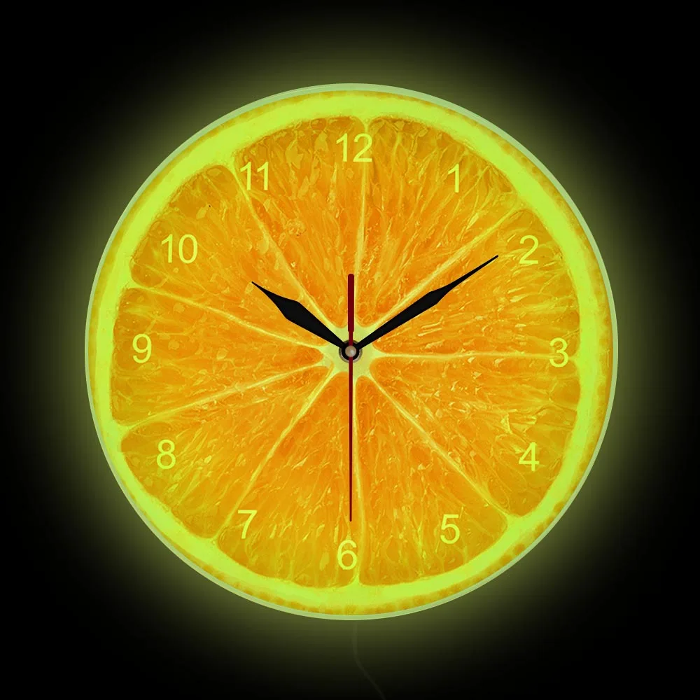 

Orange Slice Lemon Lime LED Lighting Wall Clock For Kitchen Citrus Fruit Home Decor 3D Printed Wall Watch Illuminated Display