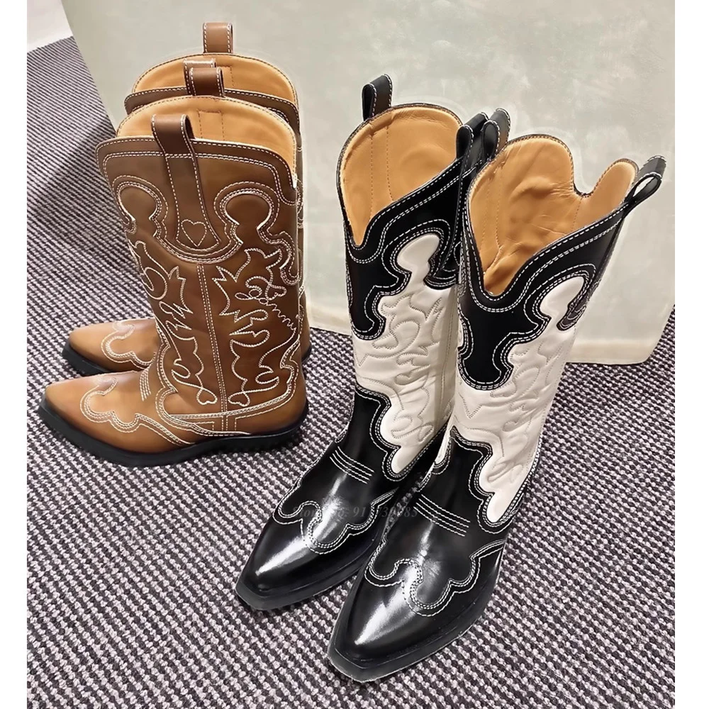 

2023 New Pointy Women's Cowboy Boots Thick Heel Knight Boots Embroidered Mid Calf Sleeve Boots Brown Black White Shoes Female