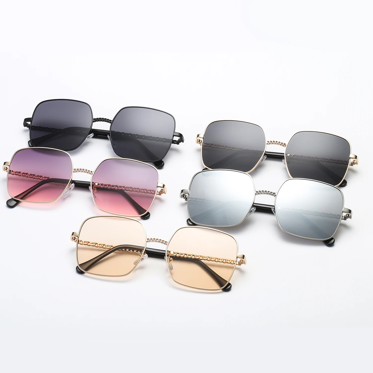

Модные солнцезащитные очки для женщин и мужчин, винтажные цветные линзы, тонированные зеркальные большие очки, квадратные металлические солнцезащитные очки с цепочкой