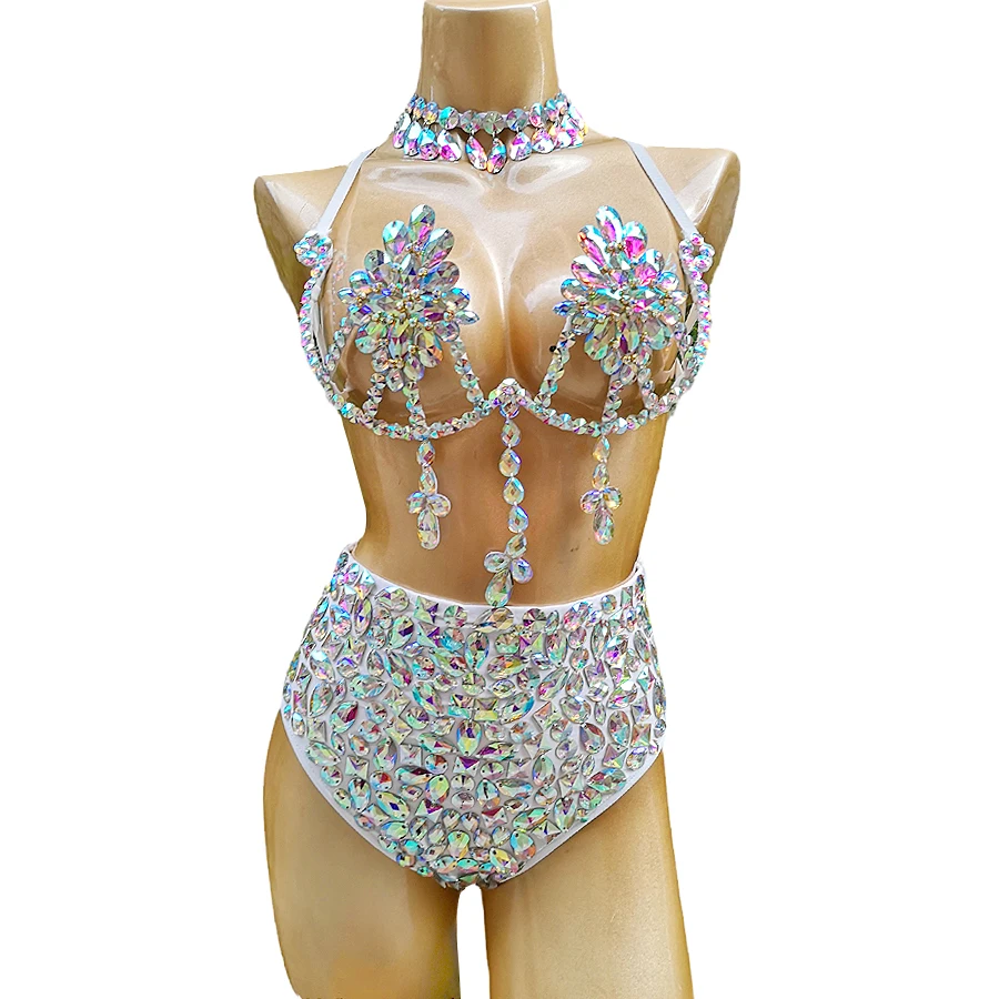 

New Women Belly Dancing Wire Bra Top High Waist Pants Samba Carnival Costume Set For Hot Girl Nightclub Stage Dancer Wears