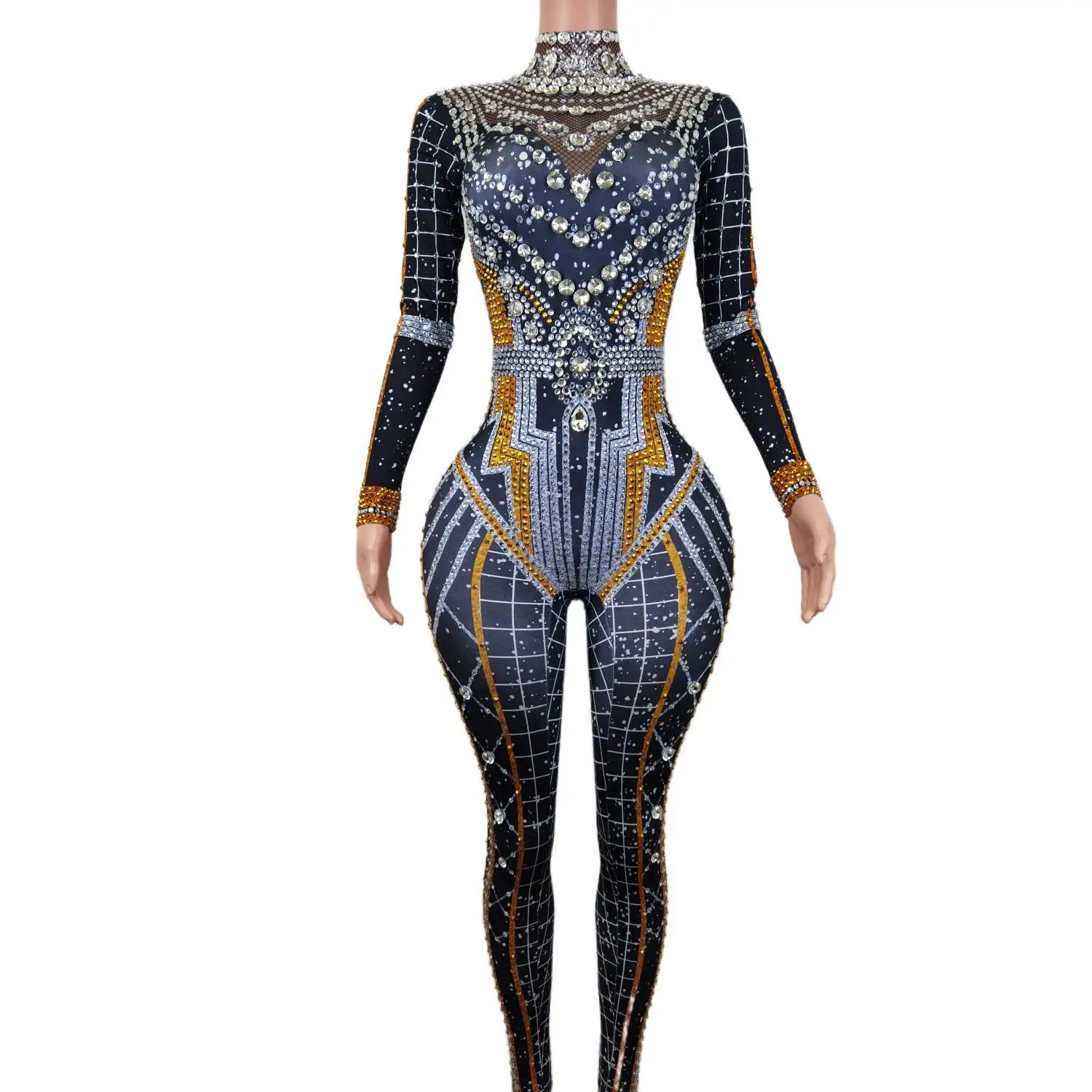 

Latest Sparkle Diamond Jumpsuit for Ladies Sexy Spandex Bodysuit Dance Performance Costumes Women One Piece Rhinestone Leotards