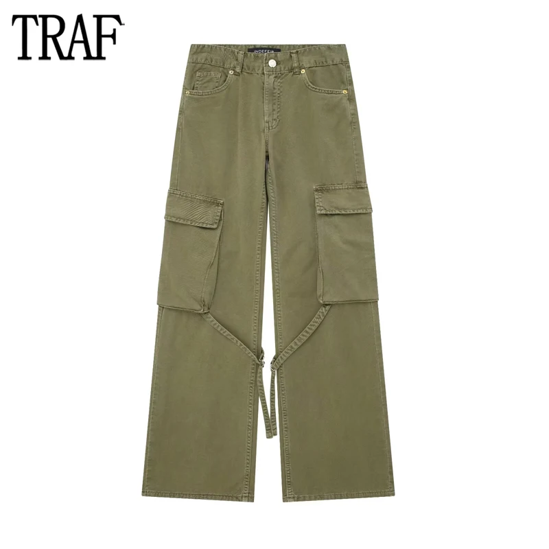 

TRAF 2024 Cargo Jeans for Women Khaki Mid Rise Denim Pants Women Summer Straight Leg Woman Jeans Streetwear Belt Women's Jeans