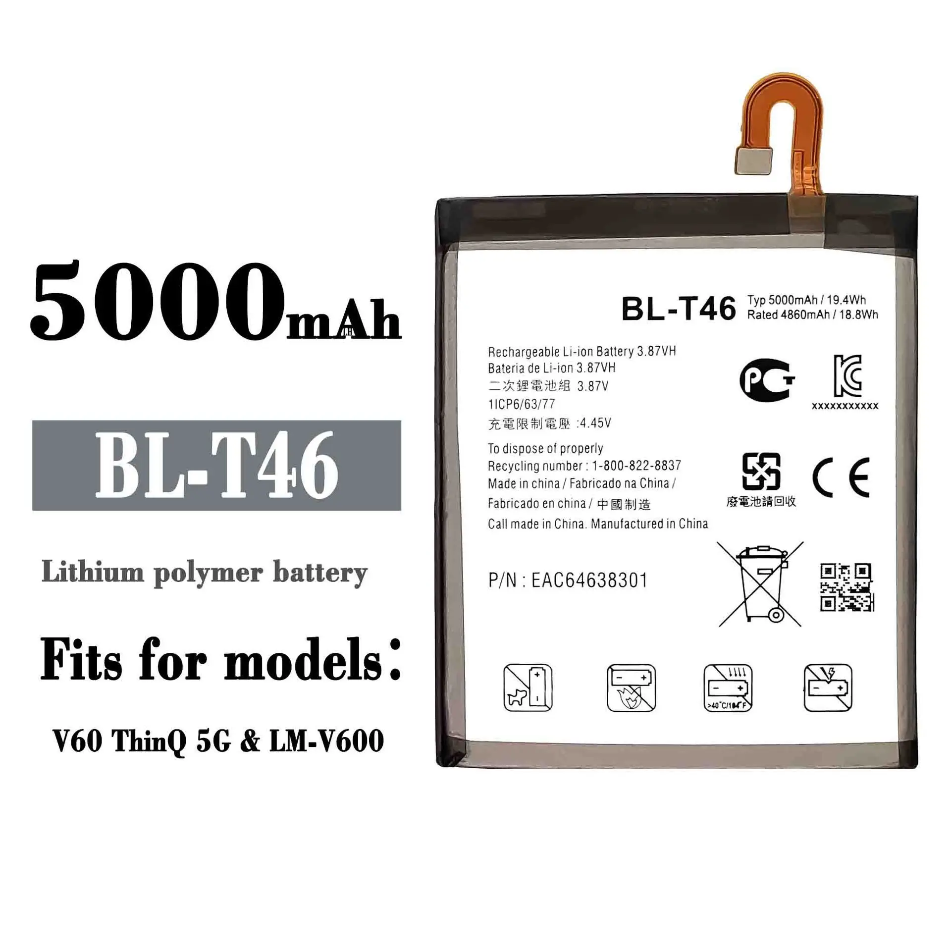 

BL-T46 Replacement New Battery For LG V60 V60 ThinQ LMV600VM V600VM V600QM5 LM-V600 5000mAh High Quality Internal Latest Bateria