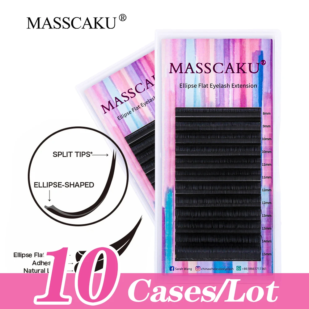 

10cases/lot MASSCAKU Hot Selling 0.15/0.20/0.25mm Ellipse Flat Lash Soft Split Tips Faux Individual Flat Eyelash Makeup Supplies