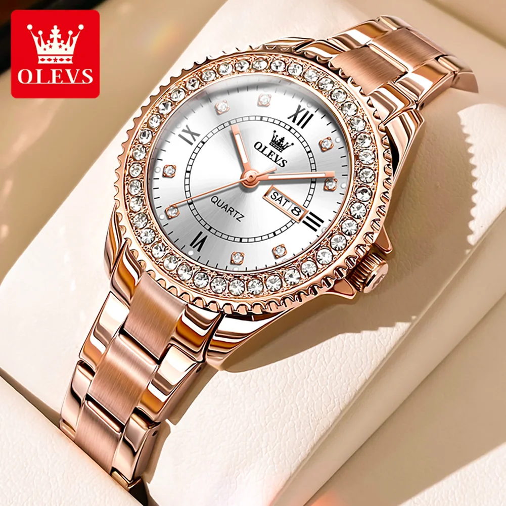 

OLEVS Top Original Diamond Quartz Watch for Women Stainless Steel Waterproof Luminous Dual Calendar Luxury Women's Wristwatches