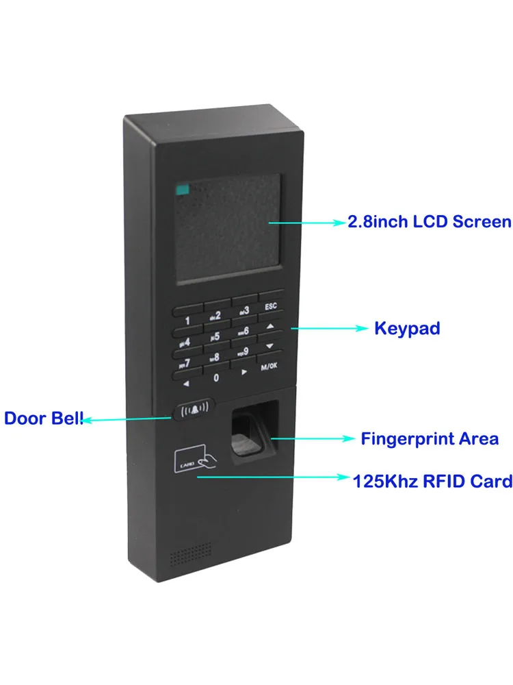 

2.8inch 125Khz RFID Biometric Fingerprint Time Clock Access Control Keypad Electronic USB TCP/IP RS485 Time Attendance 2000 User