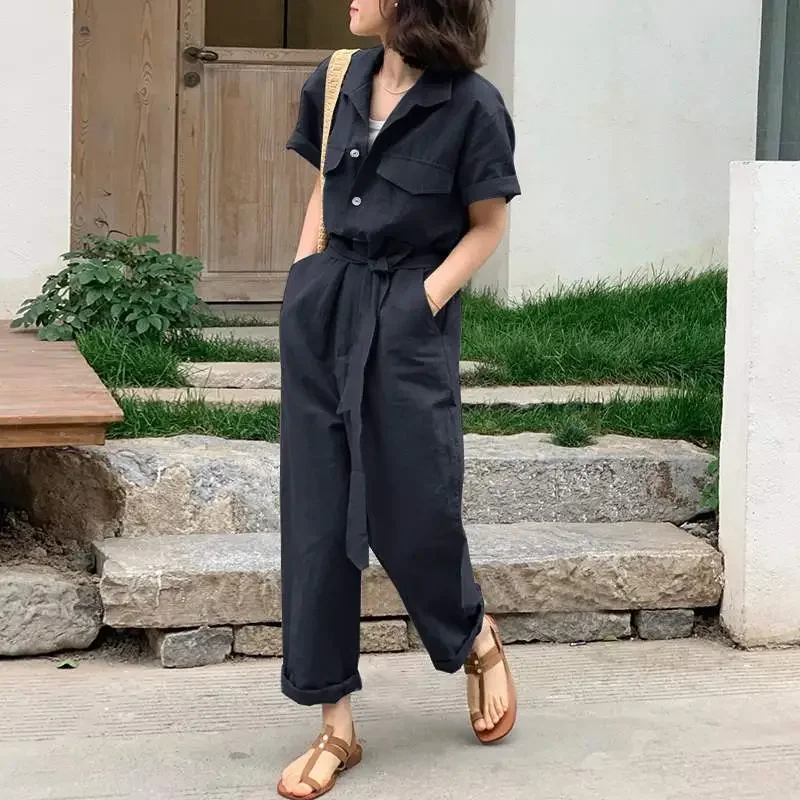 

New Fashion Summer Jumpsuits 2023 Short Sleeve Rompers Ladies Holiday Playsuits Pockets Elegant Vacation Overalls Loose