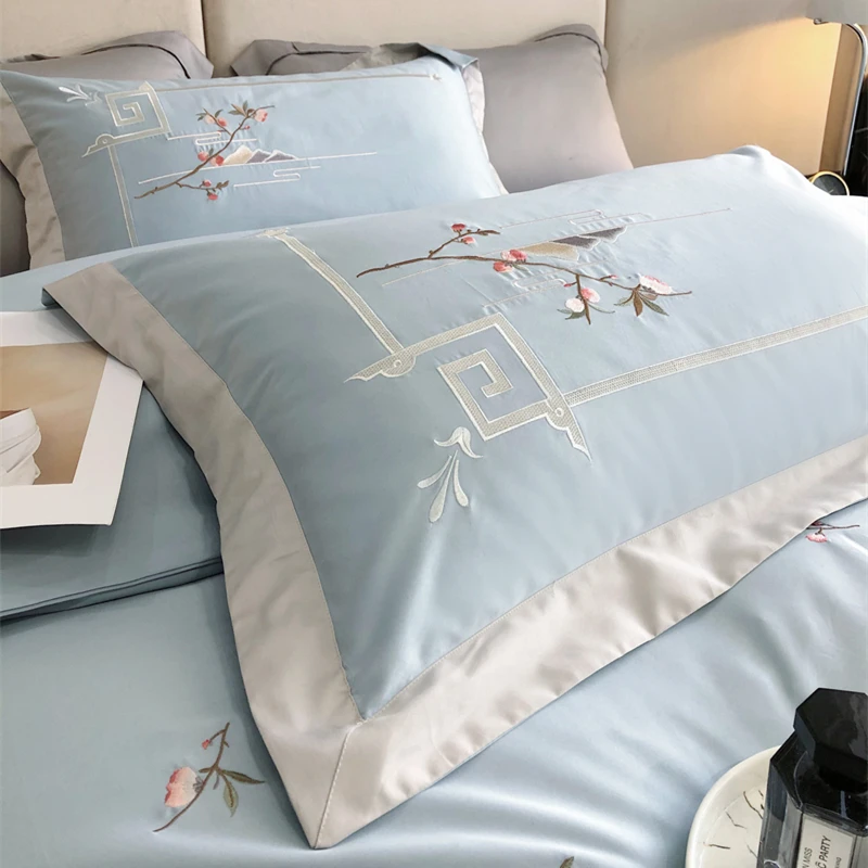 Chinese Style Embroidered Bedding Set 600TC AU Cotton Sheet Pillowcase Duvet Cover Set 4Pcs for Home(Queen King Size,Blue/Pink) Chinese Style Embroidered Bedding Set 600TC AU Cotton Sheet Pillowcase Duvet Cover Set 4Pcs for Home(Queen King Size,Blue/Pink)