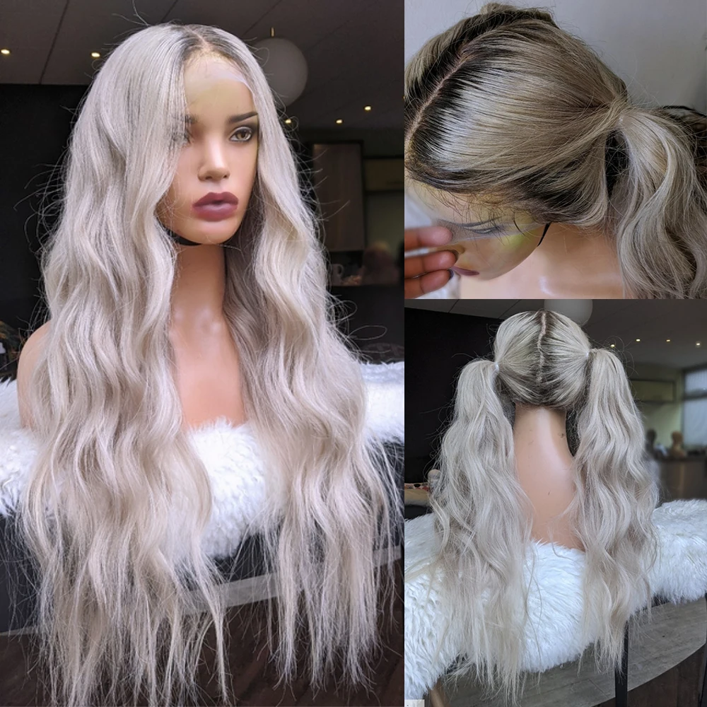 

Creamy Blonde Wig with Ash Highlights Full Lace Wig HD 13x6 Lace Front Human Hair Wigs 180% Preplucked Slight Wavy Natural Roots