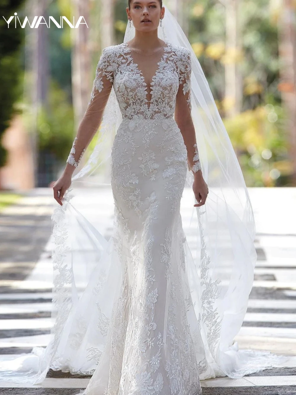 Modest O-neck Long Sleeve Wedding Dress Classic Lace Appliques Bride Robe Elegant Mermaid Long Bridal Gown Robe De Mariée
Modest O-neck Long Sleeve Wedding Dress Classic Lace Appliques Bride Robe Elegant Mermaid Long Bridal Gown Robe De Mariée