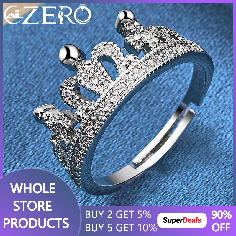 

ALIZERO 925 Sterling Silver Crown Opening Ring For Women Wedding Engagement Party Jewelry Adjustable Rings