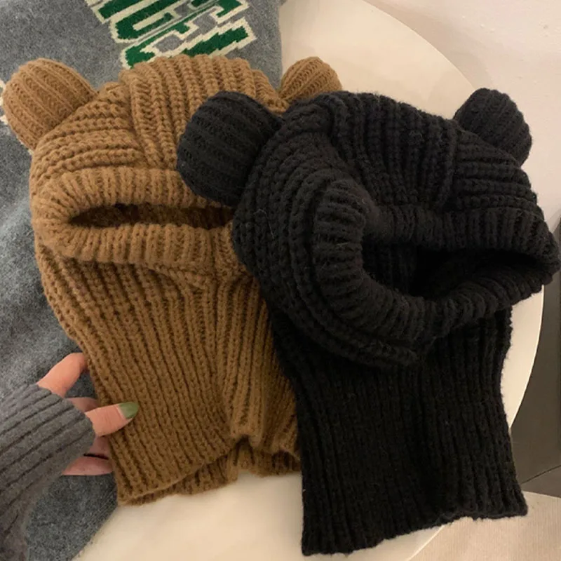 

Шапка-бини с капюшоном и мультяшным медведем для девочек, зимняя теплая шапка-шарф с защитой ушей, Корейская однотонная шерстяная вязаная шапка, ветрозащитный головной убор для улицы
