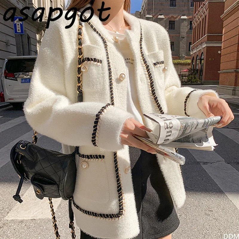 

White Mink Cashmere Sweater Coat Women Autumn Winter Lazy Style Korean Retro Black Loose O Neck Knitted Cardigan Fashion