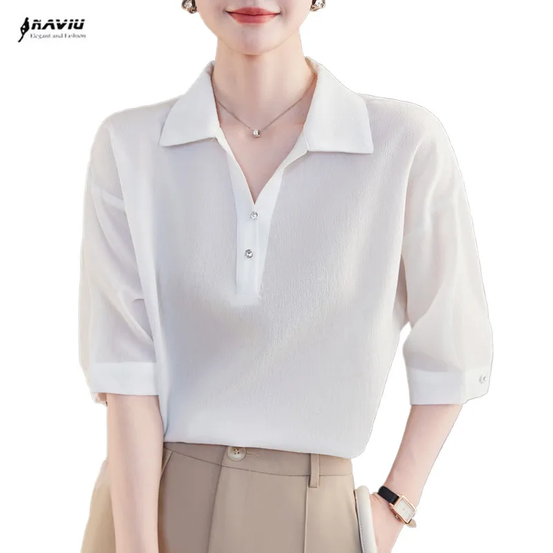 Casual Blouse Women New Classic Short Sleeve Polo Collar All Match Pullover Shirt Solid Color Button Elegant Feminine Shirt
Casual Blouse Women New Classic Short Sleeve Polo Collar All Match Pullover Shirt Solid Color Button Elegant Feminine Shirt