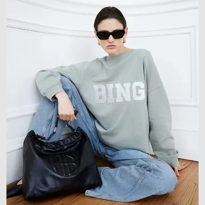 

New Arrival 2024 Spring Hoodies for Women Loose Fit BING Fleece Sweatshirt with Embroidery and Applique