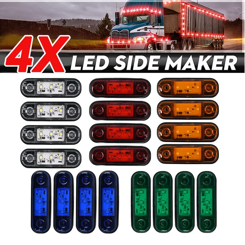 

4pcs 12V 24V 3 LED Side Marker Lights Car External Lights Warning Tail Light Signal Brake Lamps for Truck Trailer Lorry Bus