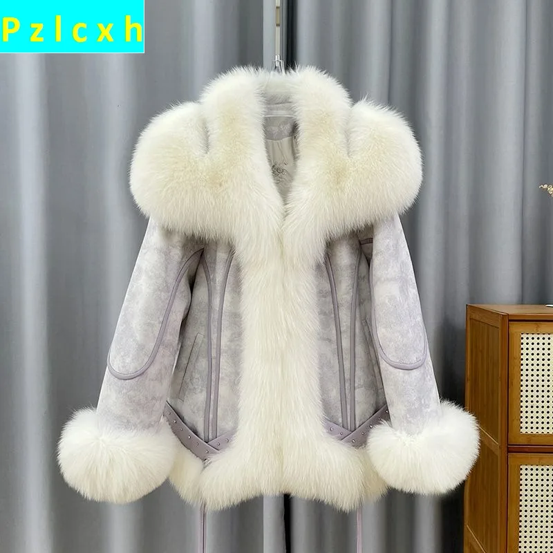 

Purple Luxury 2023 New Real Fox Fur Sheep Fur Coat Goose Down Jacket Winter Women Short Loose Jacket V Neck Thick Warm Overcoat
