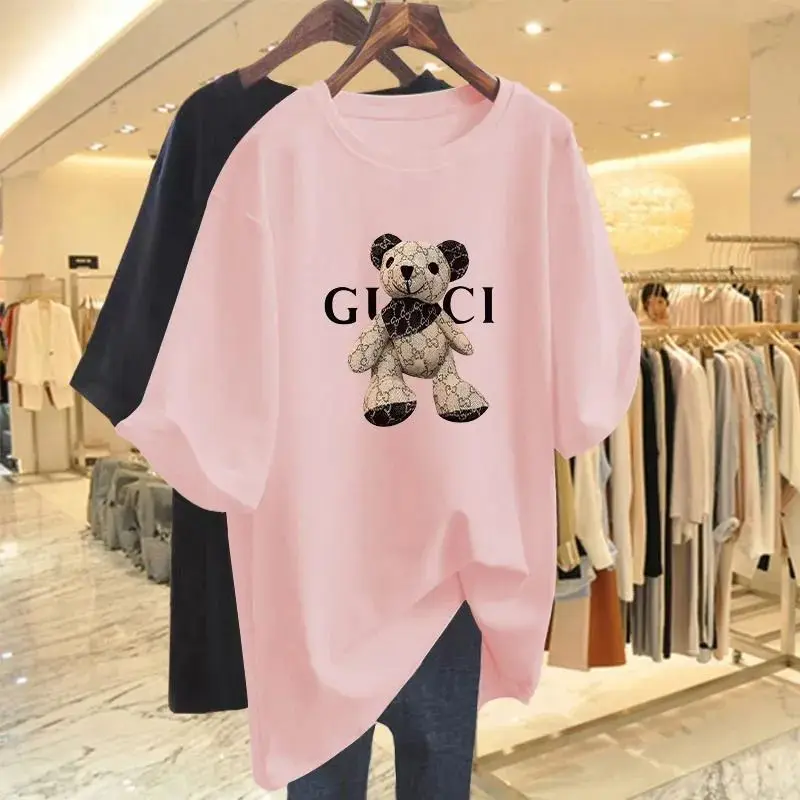 

Женская модная Универсальная футболка с принтом милого медведя, летняя новая Базовая футболка из чистого хлопка с круглым вырезом и коротким рукавом, женские повседневные свободные топы