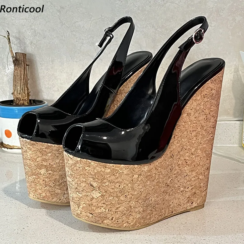 

Ronticool New Women Platform Sandals Patent Wedges High Heels Peep Toe Elegant Black Cosplay Shoes Ladies US Plus Size 4-15