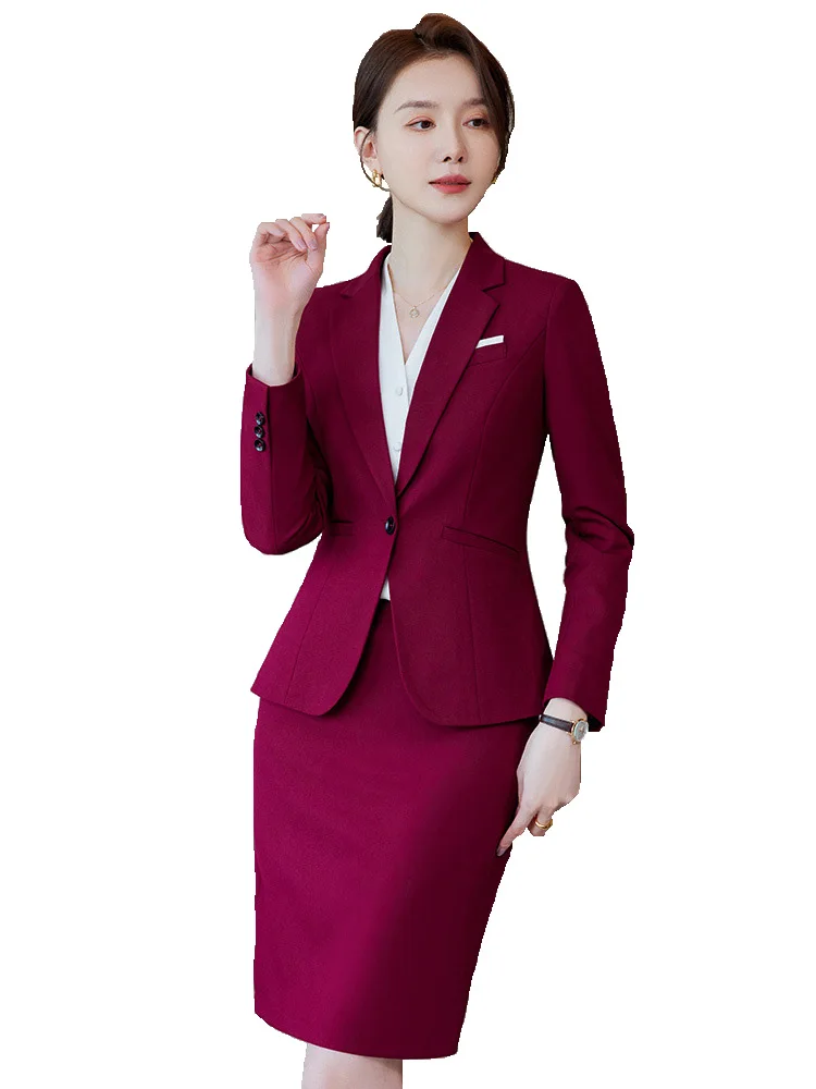 

Novelty Wine Red Formal Women Business Suits with Skirt and Jackets Coat Ladies Office Professional Blazers Spring OL Styles