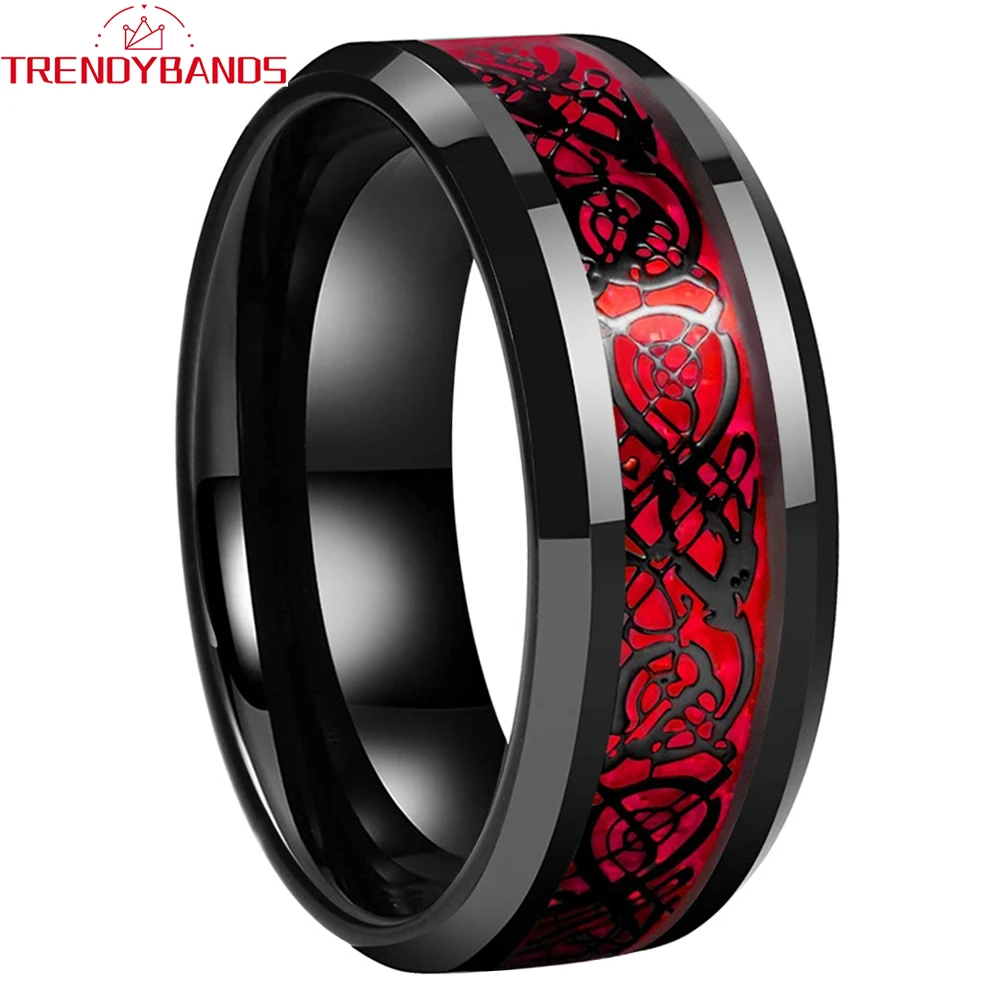 

6mm 8mm Mens Womens Black Tungsten Carbide Ring Wedding Band Polished Shiny Red Opal Dragon Inlay Comfort Fit with Beveled Edges