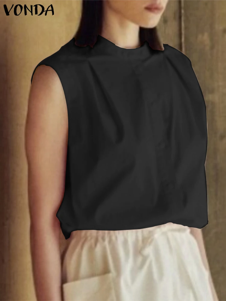2023 VONDA Women Summer Blouse Elegant Sexy Sleeveless Button Down Shirts Tunic Tops Stand Collar Casual Loose Blusas Femininas
2023 VONDA Women Summer Blouse Elegant Sexy Sleeveless Button Down Shirts Tunic Tops Stand Collar Casual Loose Blusas Femininas