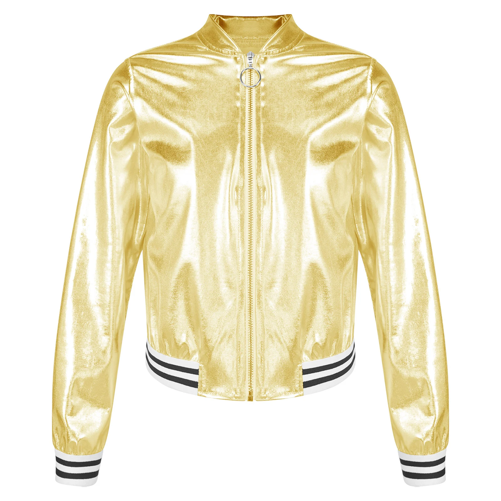 

Kids Girls Shiny Metallic Hip Hop Jazz Street Bomber Jacket Boys Long Sleeve Zip-up Outerwear Disco Club Themed Party Dancewear