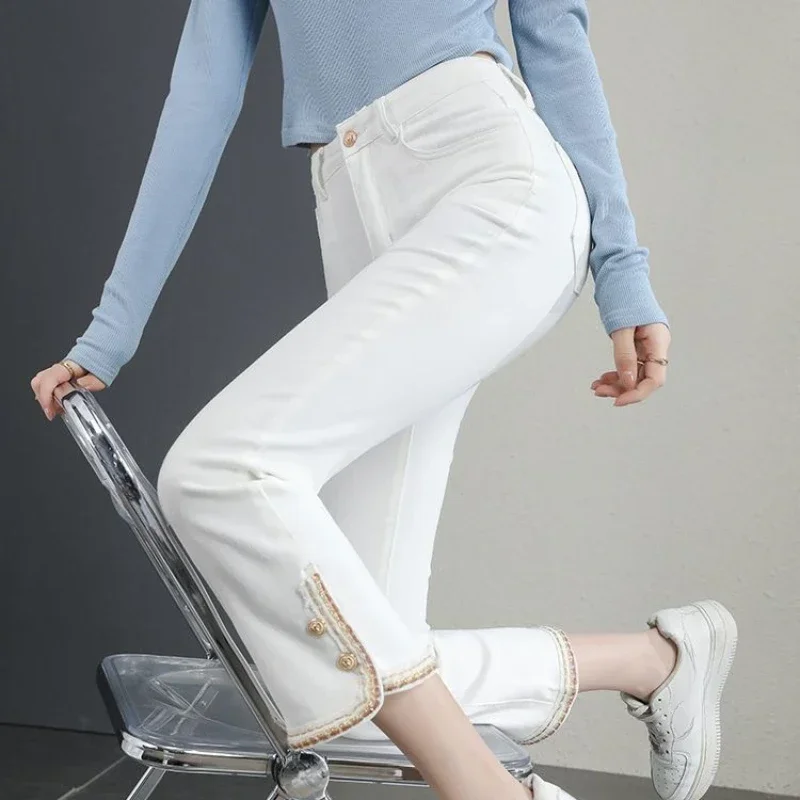 

Pants for Woman White Bell Bottom Cropped Pipe Women's Jeans with Pockets and Capris High Waist Shot Flared Flare Trousers Retro