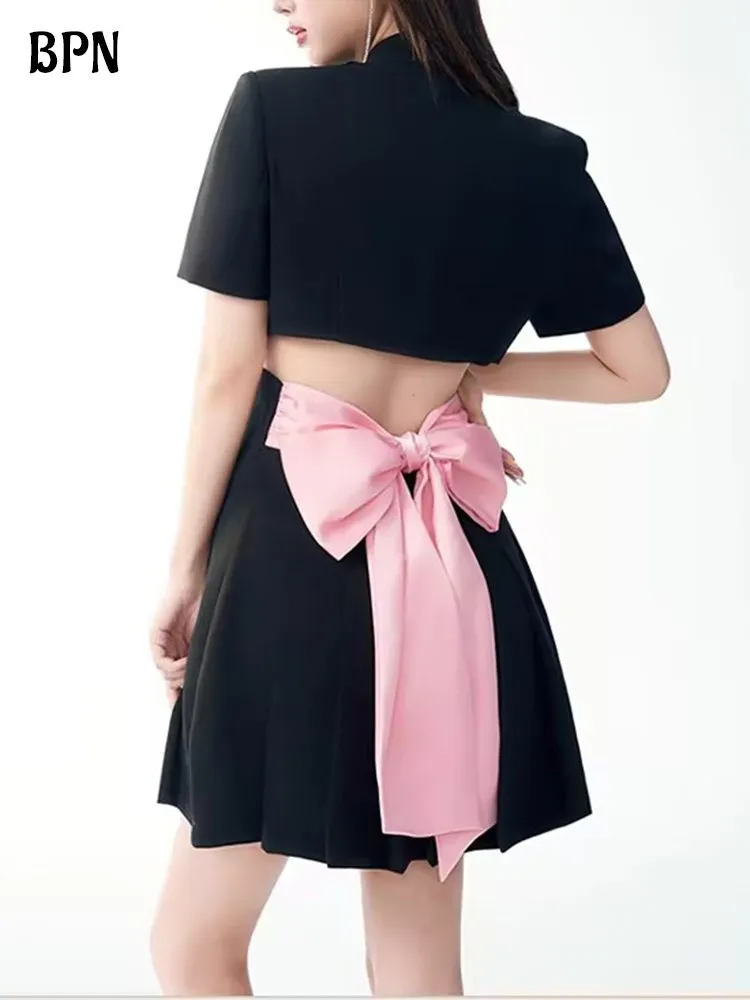 

BPN Fashion Spliced Bowknot Dresses For Women Notched Collar Long Sleeve High Waist Backless Hit Color A Line Dress Female Style