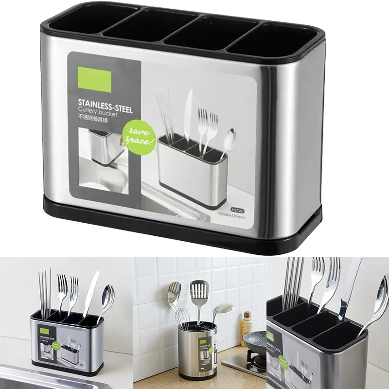 

Stainless Steel Chopstick Spoon Storage Rack Box Kitchen Utensil Holder Organizer Drying Tableware Container Cutlery Basket