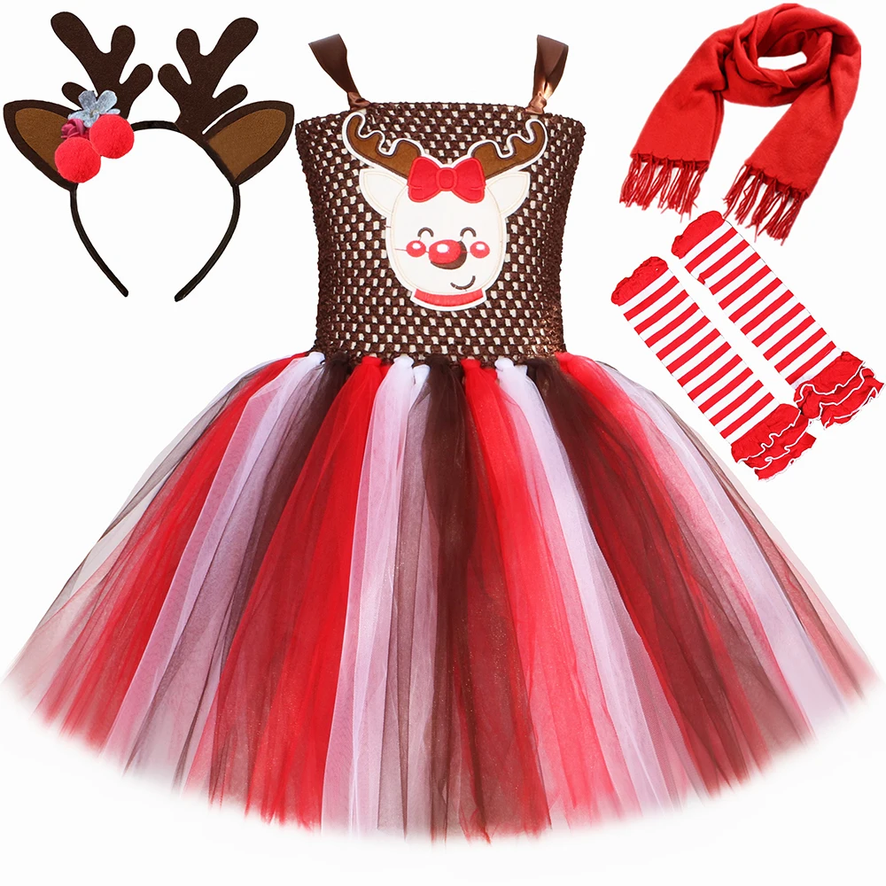 

Reindeer Christmas Costume for Girls Xmas Party Dress Up Outfit Baby Kids Christmas Rudolph Cartoon Fawn Deer Tutu Dress Clothes