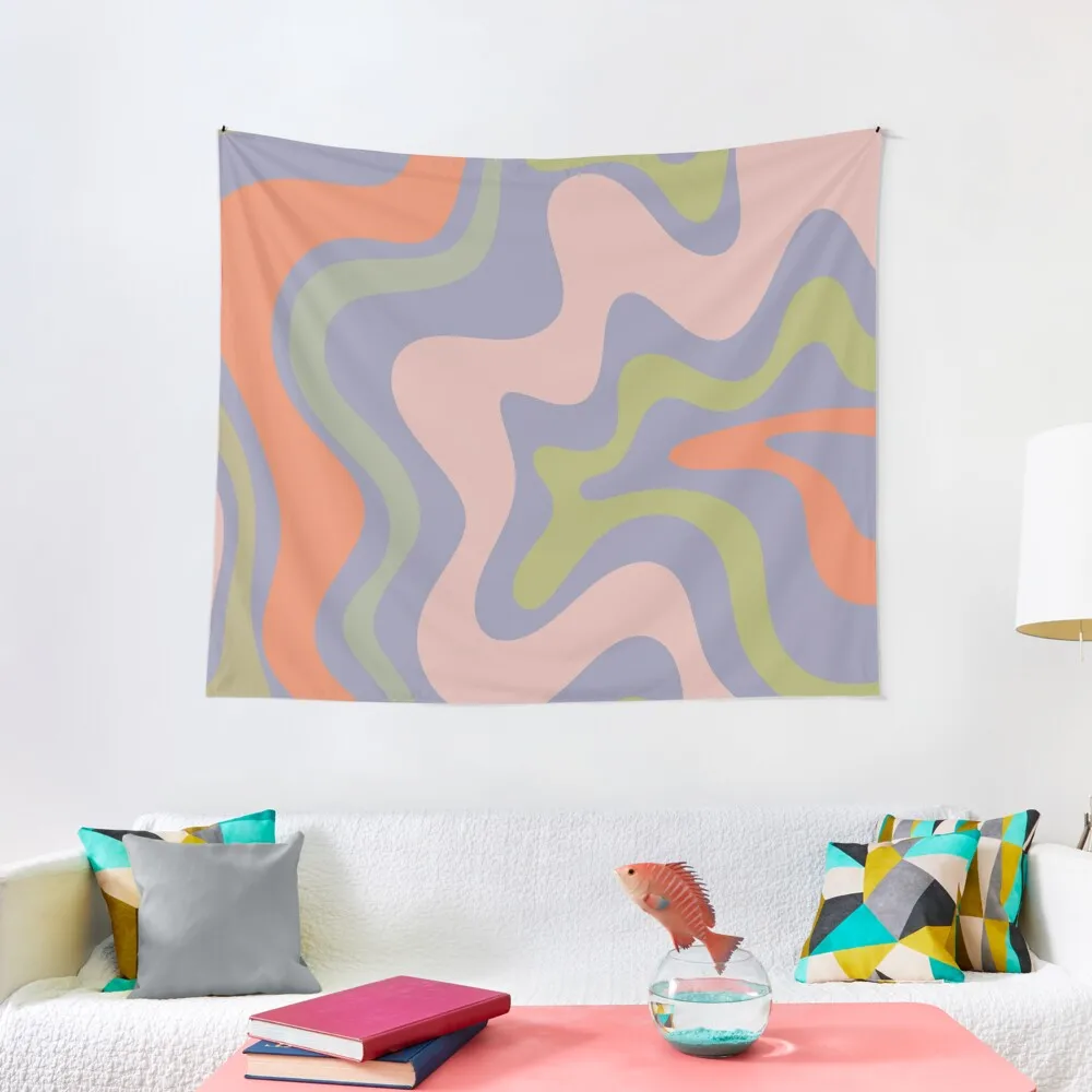 

Retro Liquid Swirl Abstract Pattern in Lavender Blue, Celadon, Lime Green, Cantaloupe Orange, and Pale Pink Tapestry Room Design