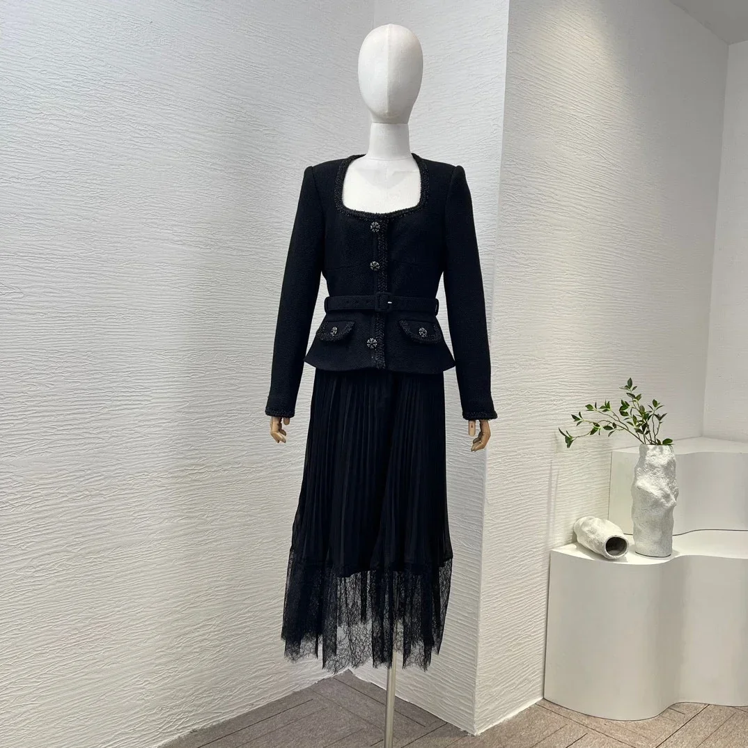 

Black New 2024 High Quality Tweed Jacket Patchwork Pleat Ruched Long Sleeve Belted Women Midi Dress