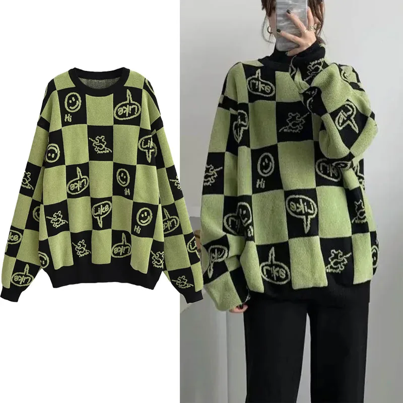 

TRAF Checkered Jacquard Sweater For Woman O Neck Long Sleeves Sweater Pullover 2024 Autumn Fashion Casual Pullover Knit Tops