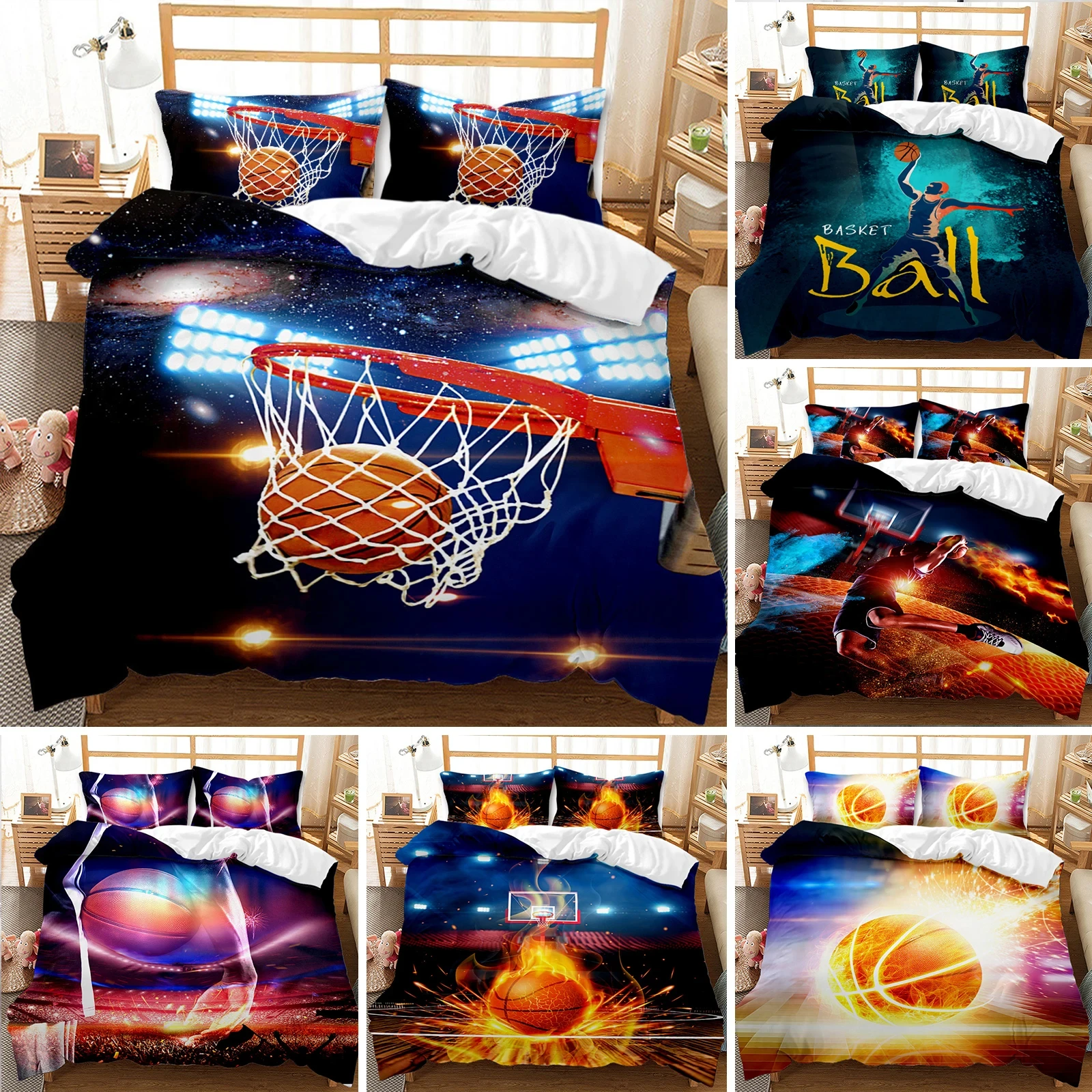 

Basketball Duvet Cover Set Twin Size Sports Basketball Fire Pattern Twin Bedding Set Microfiber Quilt Cover for Boys and Teens