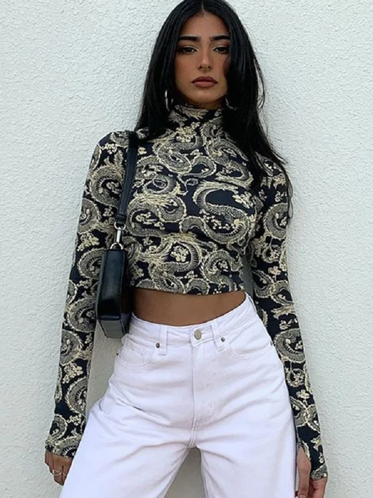 2022 Fashion Trend Women Stylish Dragon Printed Crop Tops Long Sleeve High Collar Slim T-shirt Skinny Tees for Spring Autumn
2022 Fashion Trend Women Stylish Dragon Printed Crop Tops Long Sleeve High Collar Slim T-shirt Skinny Tees for Spring Autumn