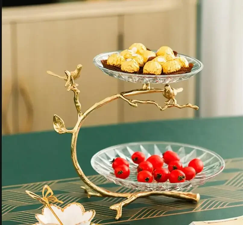 

2-layer Brass Glass Fruit Plate Cake Stand Candy Tray Dessert Plate Snack Plates Refreshment Tray Dim Sum Dish Dried Fruit Plate