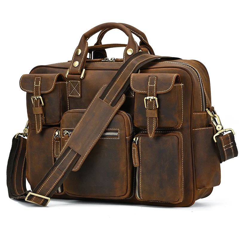 

Vintage Men Crazy Horse Leather Briefcase Large Laptop Genuine Leather Business Bag Work Tote Travel Bag Cowhide Messenger Bag