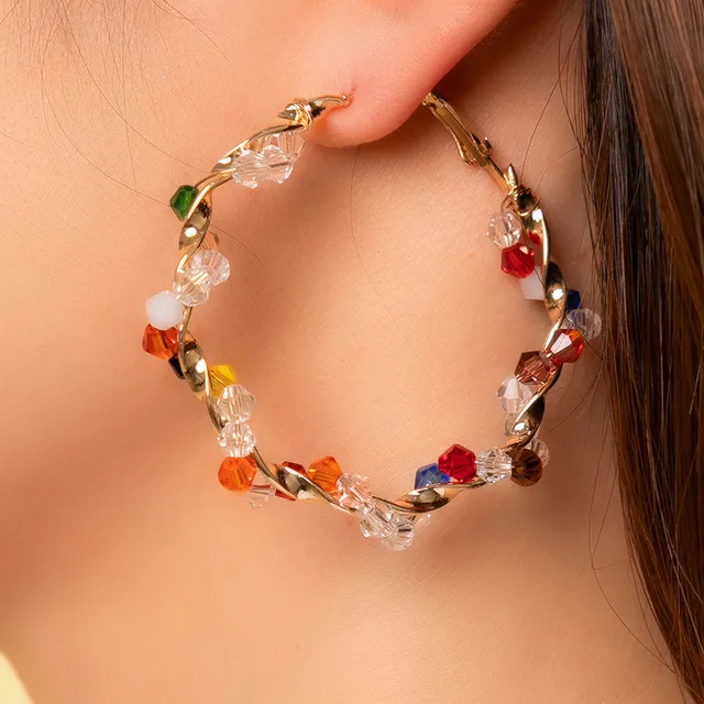 Boucles d'oreilles créoles en cristal coloré aléatoire pour femmes, grand cercle rond, déclaration, fête de mariage, bijoux bohèmes, nouvelle mode 2