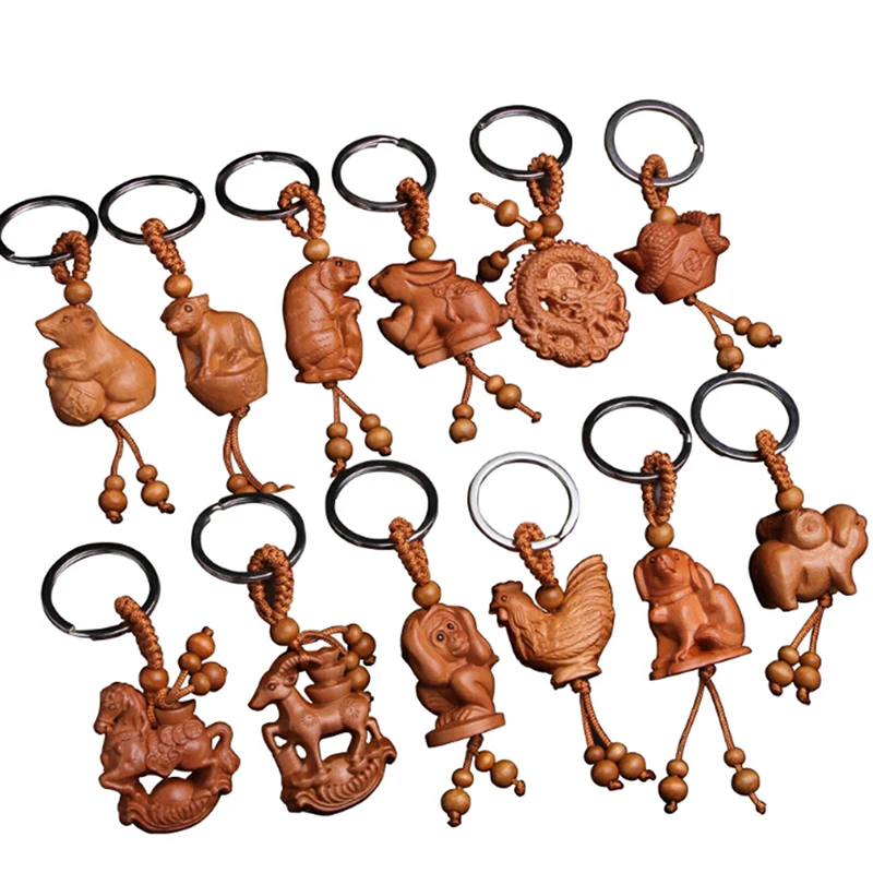 

NEW Keychain Natural Wood Keyring 12 Zodiac Animal Dragon Tiger Sheep Rabbit Monkey Snake Keyring Gift For Kids Bag Accessories