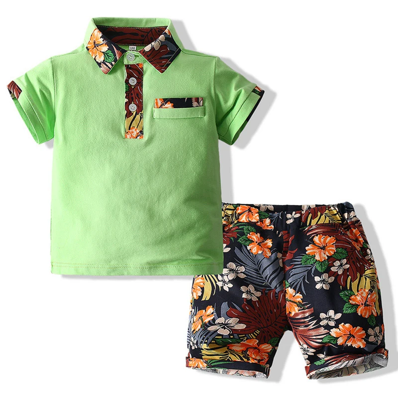 

2Piece Summer Baby Boys Clothes Fashion Gentleman Casual Beach Print Short Sleeve Tops+Shorts Boutique Kid Clothing Set BC634