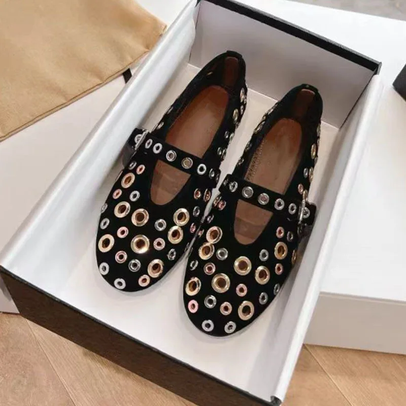 

Foreign Trade Spring/summer Metal Rivet Mary Jane Single Shoes for Women's Large Round Head Flat Bottom with Hollow Ballet Shoes