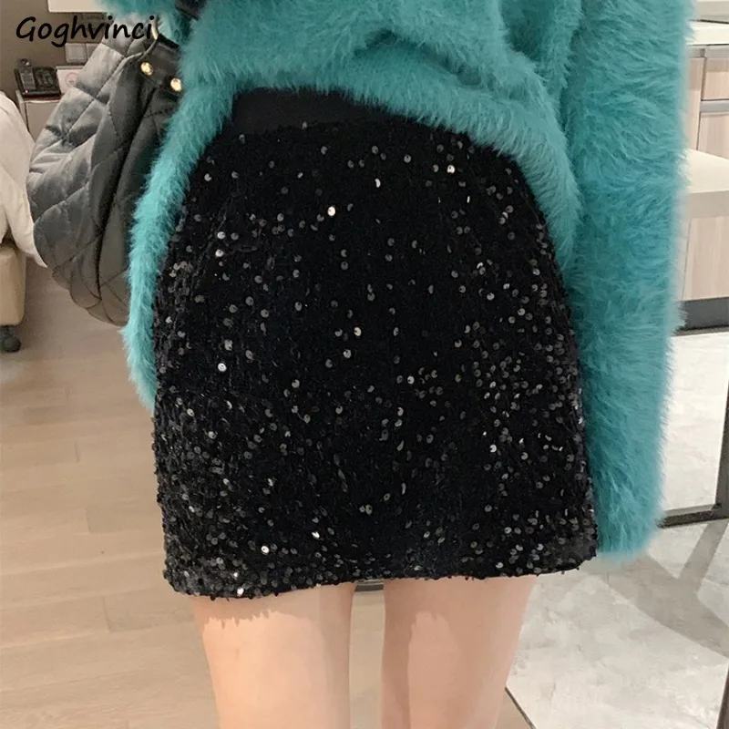 

Black Mini Skirts Women Korean Fashion Sequined All-match Blingbling High Waist Aesthetic Baggy Gentle Slouchy Streetwear Ins