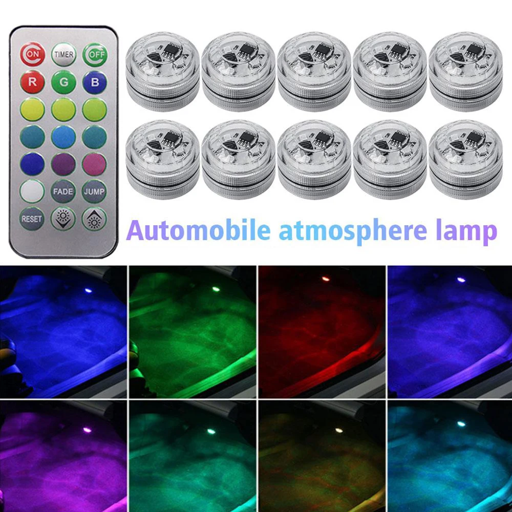 

RGB LED Car Interior Roof Foot Ambient Light Wireless Remote Control LED Decoration Auto Atmosphere Lamp with Battery Colorful