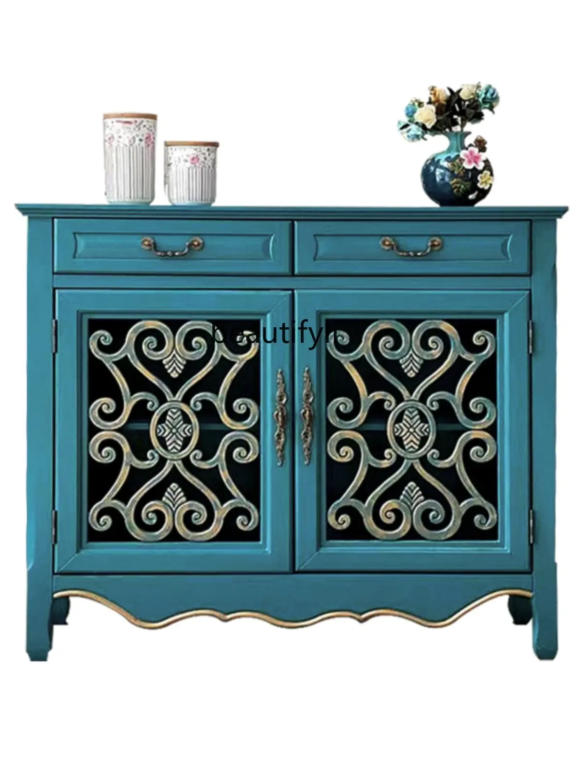 

American Style Sideboard Cabinet Living Room Solid Wood Integrated Multifunctional Retro Entrance Cabinet Ultra-Thin