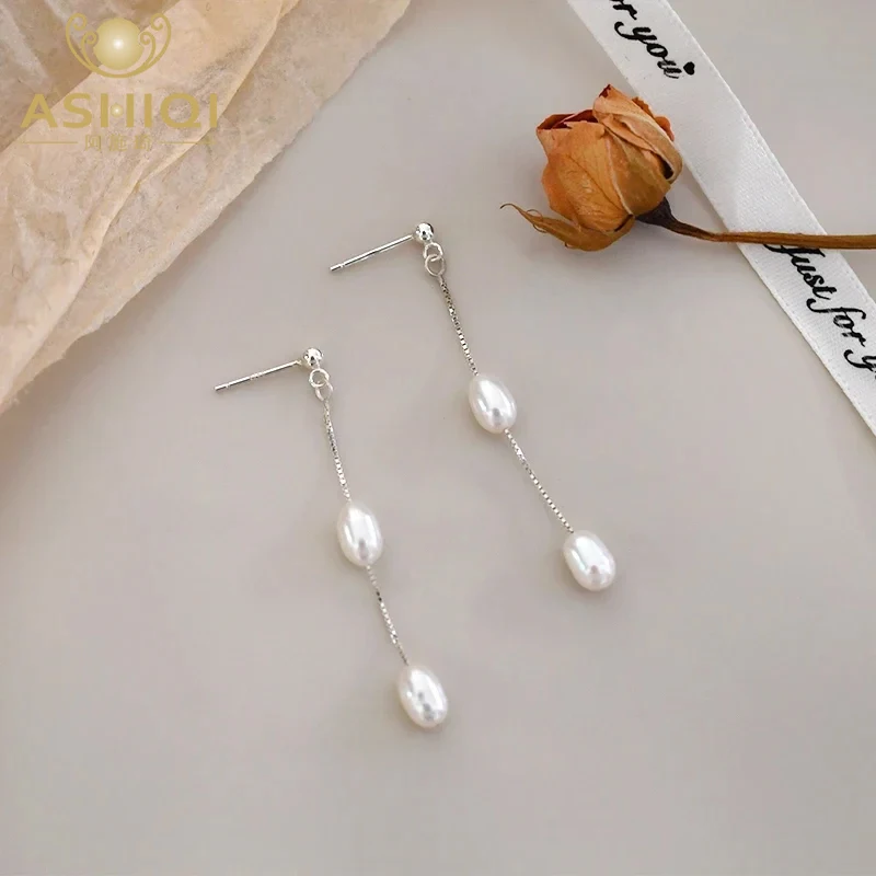 

ASHIQI 925 Sterling Silver Natural Freshwater Pearl Drop Earrings Fashion Korean Jewelry