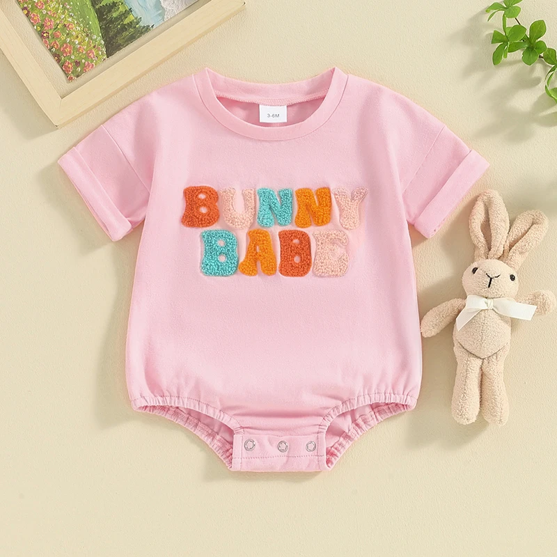 

Пасхальный комбинезон для маленьких девочек, футболка с круглым вырезом и коротким рукавом, с надписью, Банни, ушками, яйцами, наряд, комбинезон