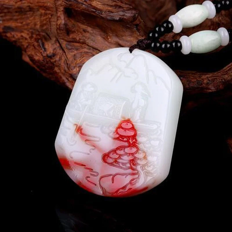 

Xinjiang Hotan White Red Landscape Jade Pendant Men's and Women's Chicken Blood Stone Pendant Sweater Chain Jewelry