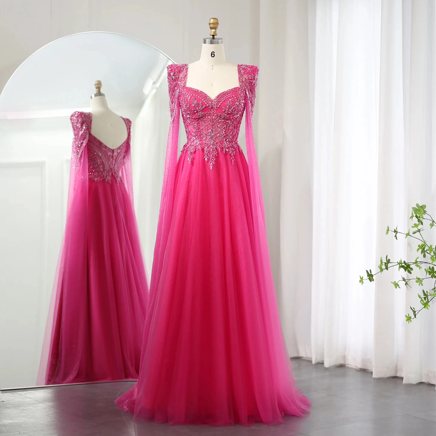 

Jancember Arabic Fuchsia Evening Dress with Cape Sleeves Luxury Beaded Dubai Elegant Women Wedding Formal Party Gowns SZ419